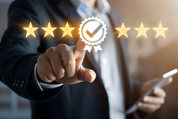 Concept of ISO certification and quality assurance standards control. Quality guarantee, Businessman showing Quality assurance icon on virtual screen.