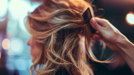 A stylist creating a voluminous blowout for a client. stock image, hd quality, natural look, blog post, fashion post, styling, hair care.