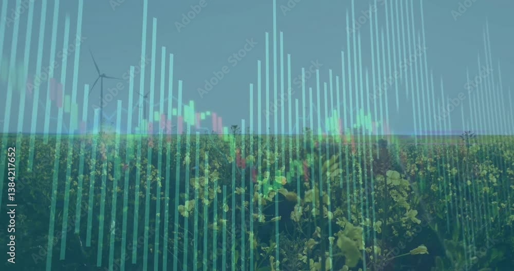 Poster vertical bar graph animation over field of flowers and wind turbines