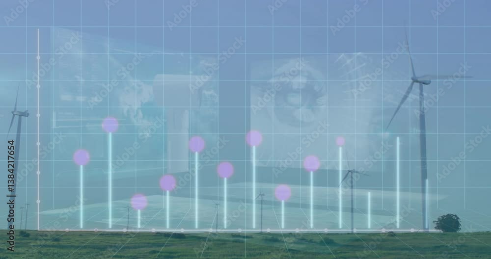 Poster animation of rising bars graph with dots over landscape with wind turbines