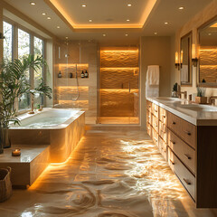 Luxurious bathroom with a spa-like atmosphere, soaking tub, and soft ambient lighting