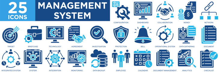 management system, business, technology, system, digital, computer, icon set. Outline icons collection. Simple vector illustration