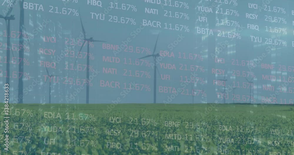Poster wind turbines spinning in field with animation of stock market data overlaying scene