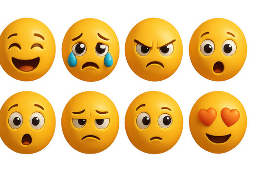 Expressive 3d emotion icons. smiling, crying, angry, surprised, love hearts, neutral faces