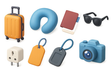 Essential travel icons. 3d illustrations for tags, passport, luggage, and more