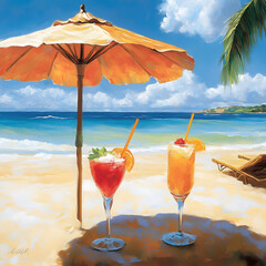 Obraz premium Beachside Bliss: Two refreshing cocktails under a beach umbrella offer a taste of paradise by the ocean's azure waters.