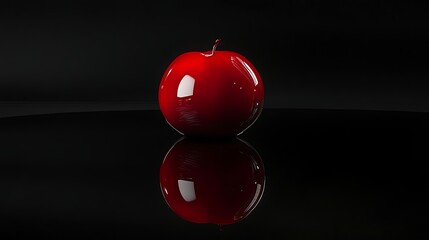 A shiny red apple reflecting on a smooth black surface, surrounded by a dark background, creating a striking contrast and elegant composition