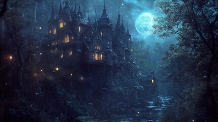 Fototapeta premium Enchanted Castle in the Dark Forest at Night