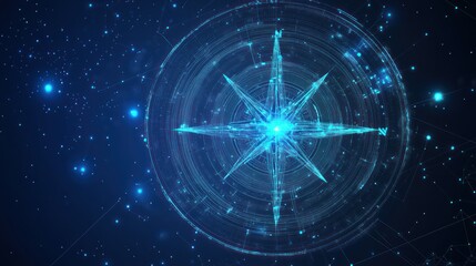 Glowing digital compass navigating starfield, futuristic technology background, website banner