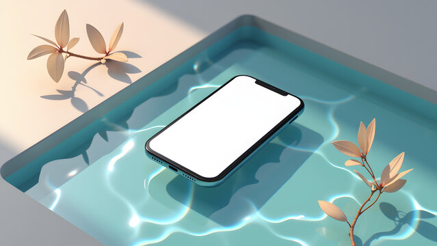 Modern Smartphone Floating on Reflective Water with Elegant Floral Elements