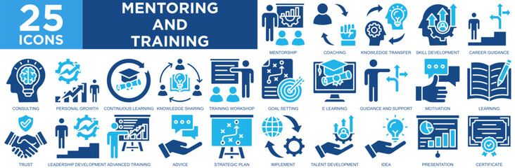 mentoring and training, team, business, training, workshop, education, icon set. Outline icons collection. Simple vector illustration