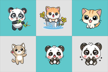 Cute Cartoon Animal Collection – Kawaii Pandas and Kittens, This collection is perfect for children's illustrations, stickers, greeting cards