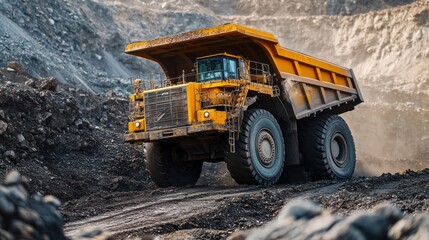 Large mining truck on a dark, dusty quarry