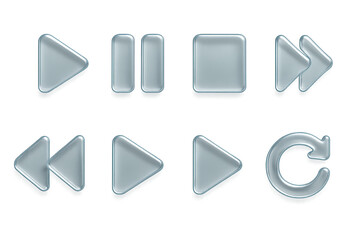 Media playback icons. 3d glass buttons for play, pause, stop, forward, and more