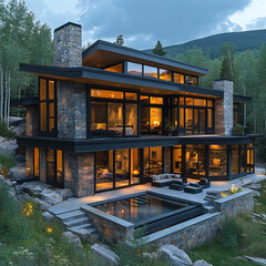 Obraz premium Modern mountain retreat with sleek architecture and large, panoramic windows