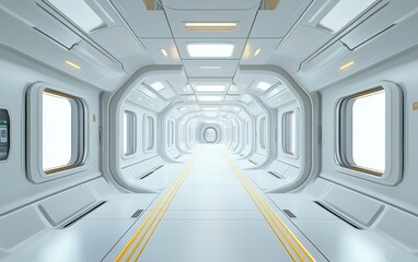 Futuristic corridor, spacious and clean.  Interior of a spaceship or advanced facility.  Bright, sterile, and technologically advanced