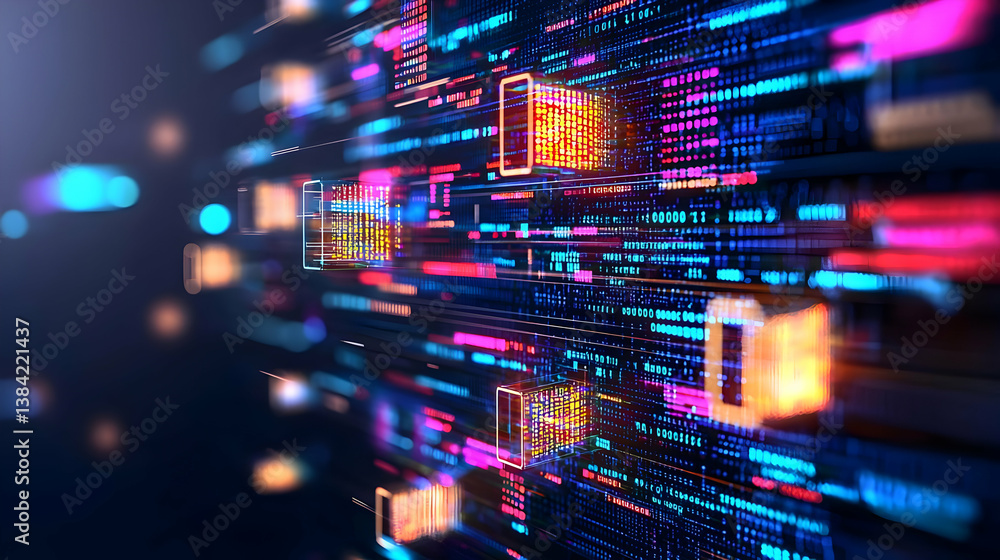 Fototapete abstract glowing data stream visualization