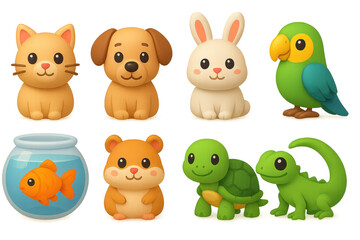 Charming 3d pet icons: cats, dogs, bunnies, parrots, fish, hamsters, turtles, lizards