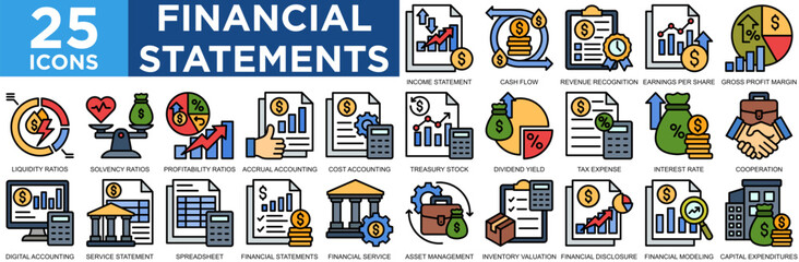 financial statements, business, financial, report, analysis, accounting, icon set. Outline icons collection. Simple vector illustration