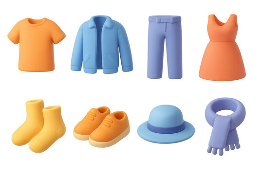 3d clothing icons. t-shirt, jacket, pants, dress, socks, shoes, hat, scarf collection
