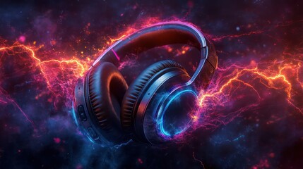 Energetic headphones, fiery background, gaming, music, advertisement