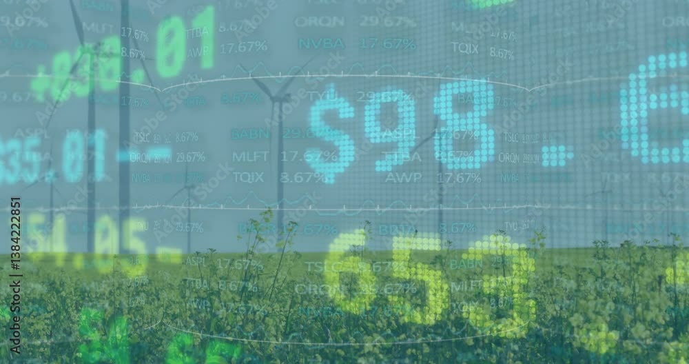 Poster wind turbines in field with stock market data overlay animation