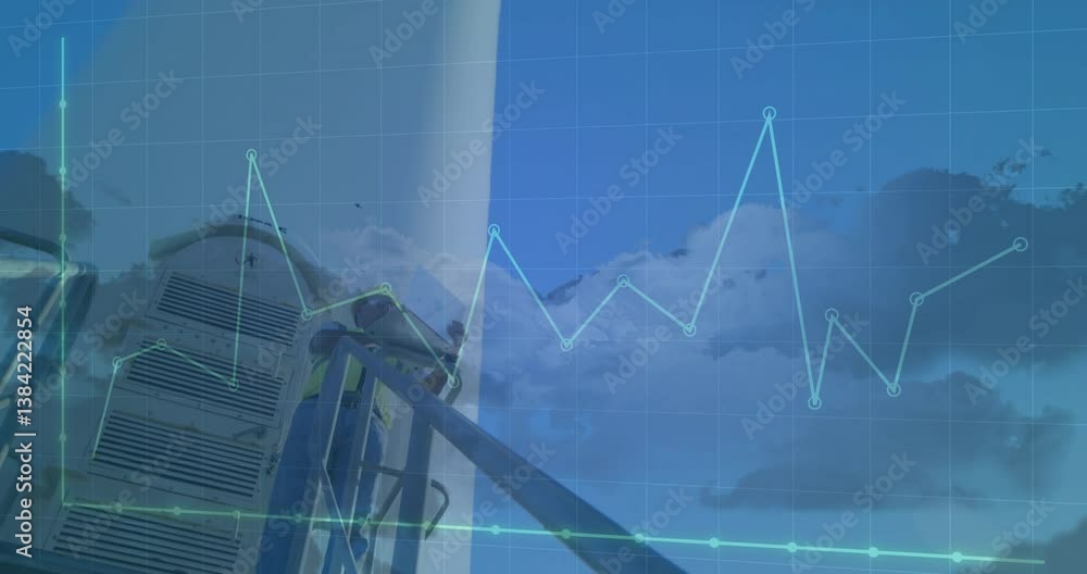 Poster wind turbine with data graph overlay on cloudy sky for animation use