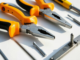 Set of construction tools on white background,different carpentry tools,hand tool.yellow construction tools for repair and installation