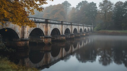 Fototapeta premium Autumnal stone bridge reflecting in misty river, park background, tranquil scene