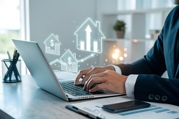 Real estate investment concept. Man touch virtual house icon for analyzing mortgage loan home and insurance real property mortgage. interest rate, Investment planning, business real estate.