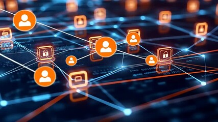 Abstract Digital Network with Orange User Icons and Blue Lines on Dark Background Representing Global Connectivity