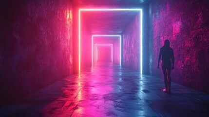 Neon-lit corridor with a lone figure