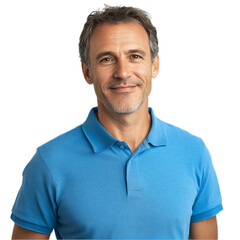 Fototapeta premium Portrait of a happy mature man wearing a light blue polo shirt against a guy male face calm on transparent background