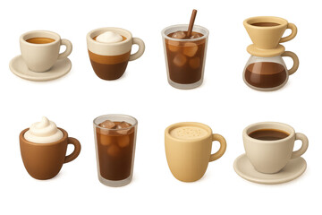 Obraz premium 3d coffee icons: cappuccino, espresso, iced coffee, drip, latte, mocha, macchiato, americano