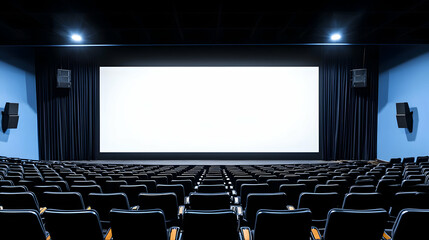 Empty Movie Theater With Blank Screen And Dark Seats