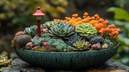 a unique green pedestal planter showcases an arrangement of succulents cacti and orange tipped sansevieria complete with a decorative lamp post and red mushroom ornament for a whimsical touch
