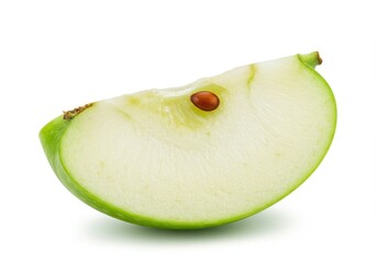 A single slice of a green apple with a seed isolated on a white background in a studio shot