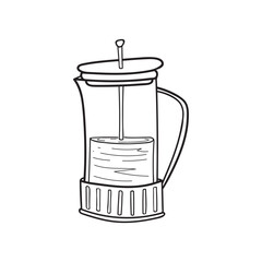 French press coffee maker. Glass teapot. Hand drawn illustration in vintage engraved style, isolated on white background.