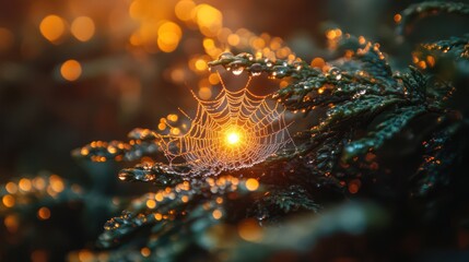 A dew-covered spider web glistens between tree branches, each droplet sparkling like a crystal in the morning light.