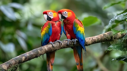 Vibrant Scarlet Macaws Couple in Lush Rainforest