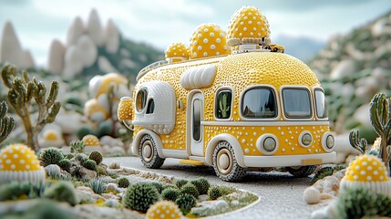 Whimsical Yellow Camper Van in Surreal Desert Landscape