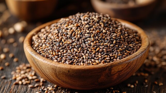 a wooden bowl filled with brown zerliktohumu peganum harmala seeds sits on a wooden surface the small angular seeds are heaped together showcasing their earthy and natural appearance