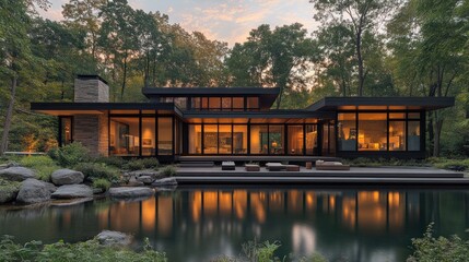 Obraz premium Modern house evening reflection on pond