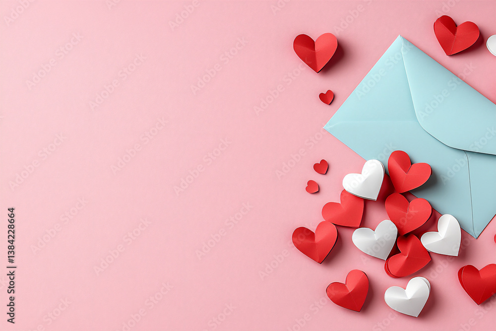 Poster p: a flat-lay image of a light blue envelope lying open on a pink background