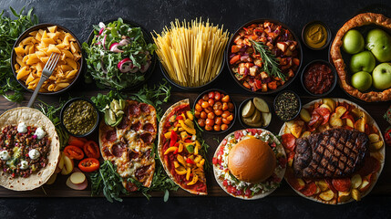 Fototapeta premium Gourmet Food Assortment, Pasta, Salad, Steak, Taco, Pepperoni, and Burger on Wooden Table