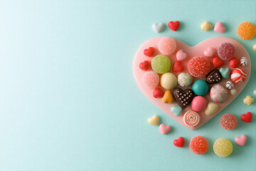 Obraz premium p: a flat-lay image of a variety of colorful candies and chocolates arranged in the shape of a heart