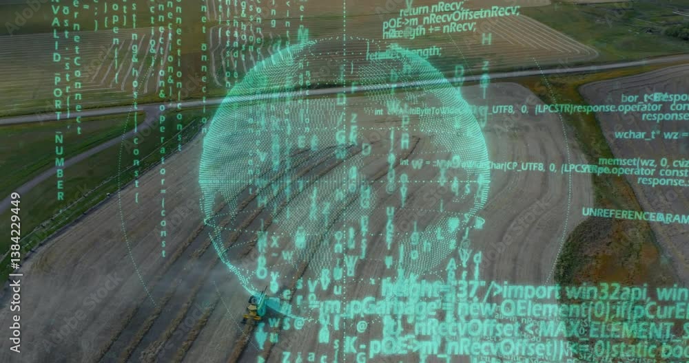 Poster digital data and binary code animation over aerial view of agricultural fields