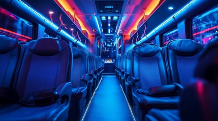Fototapeta premium Illuminated night bus interior with empty seats