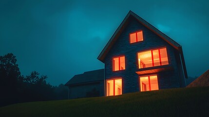 Cozy modern house illuminated at dusk with glowing windows surrounded by nature and trees