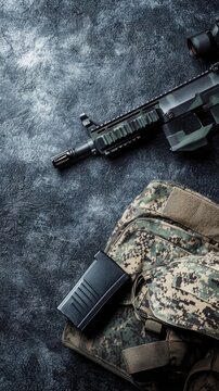 Military assault rifle and backpack on dark surface